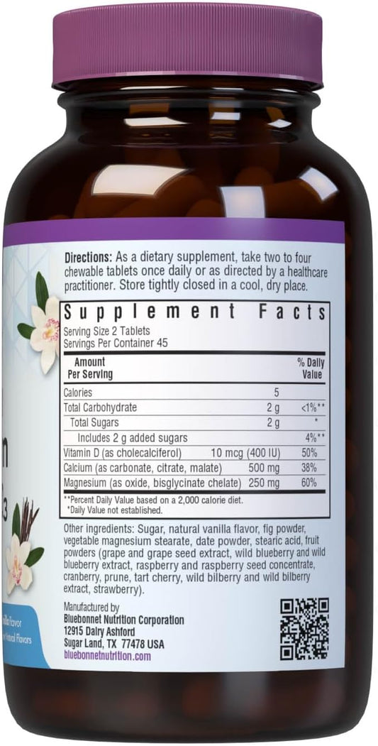 Bluebonnet Nutrition Calcium Magnesium Plus Vitamin D3 Earthsweet, Bone Health & Muscle Relaxation, Soy-Free, Gluten-Free, Kosher Certified, Dairy-Free, 90 Vanilla Flavored Chewable Tablets