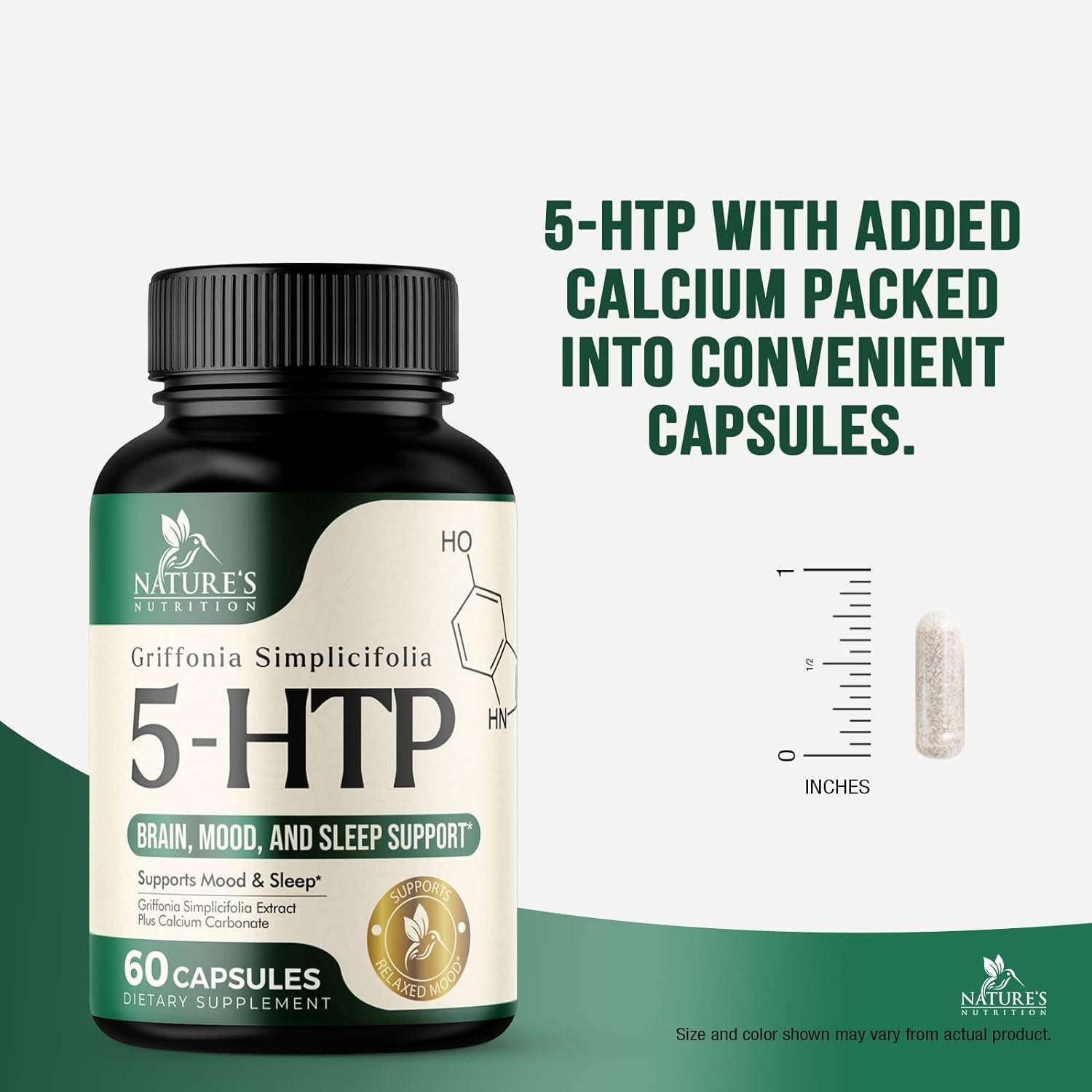 5 HTP Supplement Capsules 200 mg 5HTP Plus Calcium for Brain Mood and Sleep Support - Extra Strength 5-HTP Formula - 5 Hydroxytryptophan - Natural, Vegetarian, Gluten Free & Non-GMO - 60 Count : Health & Household