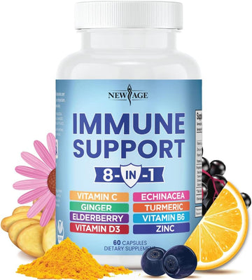 New Age 8 In 1 Immune Support Booster Supplement With Echinacea, Vitamin C And Zinc 50Mg, Vitamin D 5000 Iu, Turmeric Curcumin & Ginger, B6, Elderberry 60 Count (Pack Of 1)