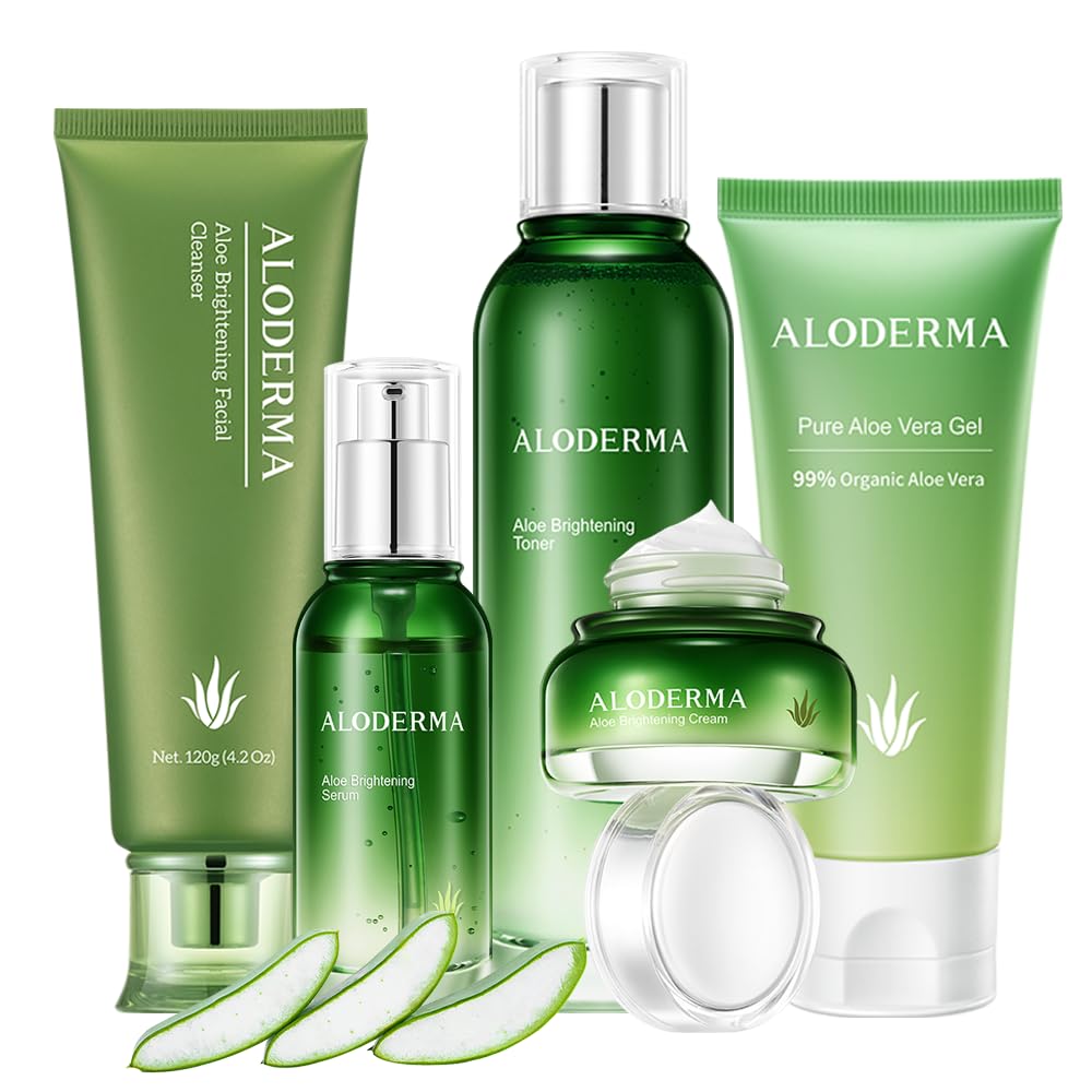 Aloderma Signature Aloe Brightening Set - 5 Pieces - Gel, Cleanser, Toner, Serum, Cream