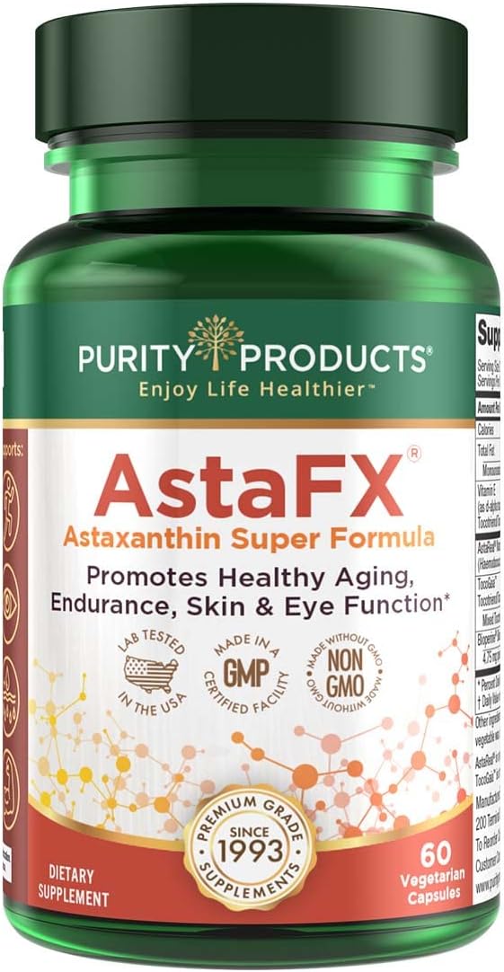 Purity Products AstaFX Astaxanthin Antioxidant Super Formula from Clinically Tested 4 mg AstaREAL with Full Spectrum Tocotrienols (Vitamin E) + BioPerine Black Pepper + Piperine - 60 Vegetarian Caps