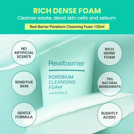 Real Barrier Porebium Cleansing Foam,150Ml,5.07 Fl Oz, Rich Dense Bubble Cleanser & Exfoliator For Sensitive Skin, Sebum Oil Control With Ceramide, Impurities Dead Skin Cells Remover, Korean Skincare