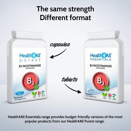 Health4All Vitamin B3 Niacin As Nicotinamide (Niacinamide) 500Mg 90 Capsules (V) Purest, No Additives, Vegan, Gluten Free No-Flush Niacin Capsules