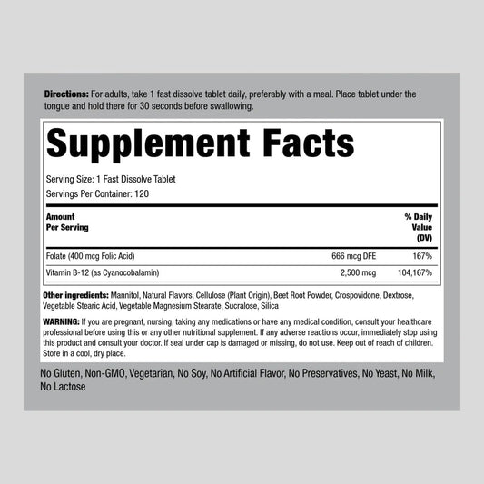 Piping Rock Vitamin B12 Sublingual 2500 mcg | 120 Tablets | Berry Flavor | with Folic Acid | Vegetarian, Non-GMO, Gluten Free Supplement