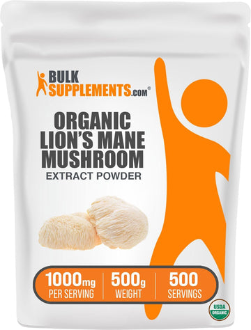 BulkSupplements.com Organic Lion's Mane Mushroom Extract Powder - Lions Mane Supplement Powder, Lion's Mane Extract - Mushroom Supplement, 1000mg per Serving, 500g (1.1 lbs) (Pack of 1)