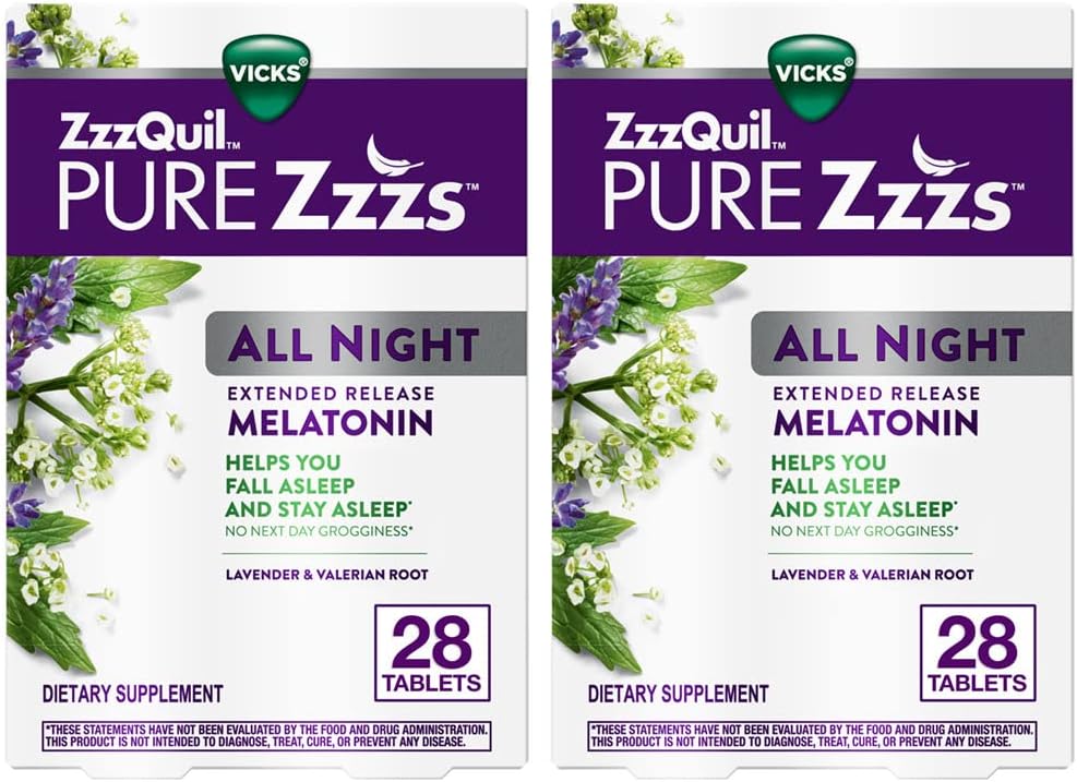 ZzzQuil PURE Zzzs All Night Extended Release, Melatonin Sleep Aid Tablets, Helps You Stay Asleep Longer, Sleep Aid for Adults, 2 mg per tablet, 28 Count (2 Pack)