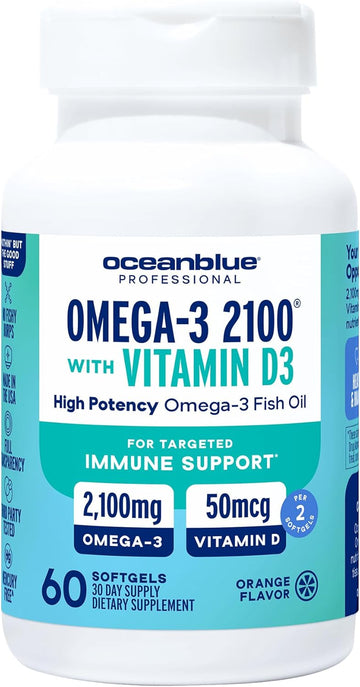 Oceanblue Professional Omega-3 2100 With Vitamin D3 – 60 Ct – Triple Strength Burpless Fish Oil Supplement With High-Potency Epa, Dha, Dpa And Vitamin D3 – Wild-Caught – Orange Flavor (30 Servings)