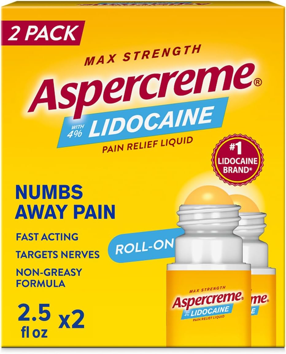 Aspercreme Odor Free Max Strength Lidocaine Pain Relief Liquid With Roll-On No Mess Applicator, 2.5 oz. 2pk
