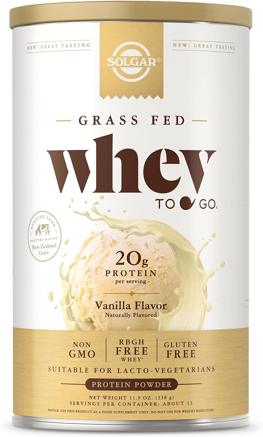 Solgar Grass Fed Whey to Go Protein Powder Vanilla, 11.9 oz - 20g of G