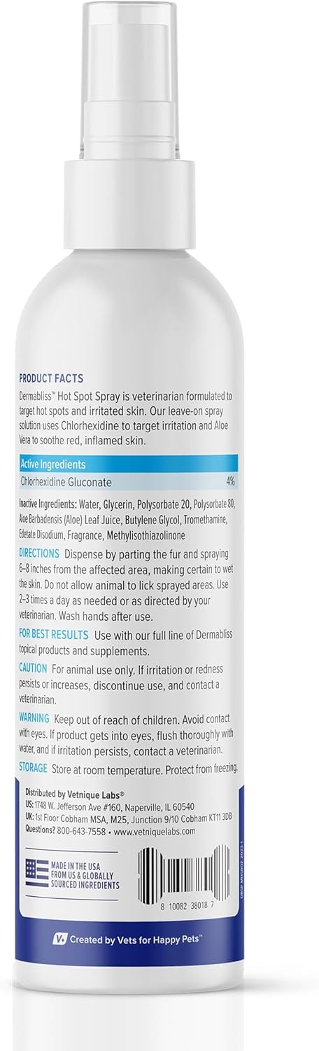 Vetnique Dermabliss Hot Spot Treatment For Dogs - Antiseptic Medicated Chlorhexidine Spray - Vet Recommended For Skin Infections, Hot Spots & Irritation (Hot Spot Spray, 8Oz)