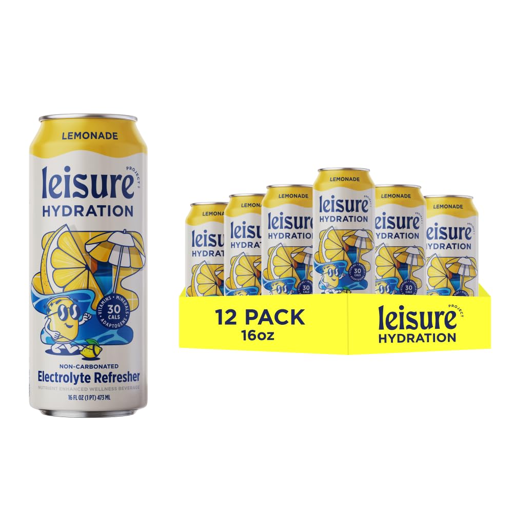 Leisure Drinks - Lemonade Electrolyte Drink [Electrolyte Refresher - 16Oz Cans, 12Pk] - Low Sugar Lemonade Hydration Drink - Healthy Hydration Packed W/ Magnesium & Ashwagandha For Mood & Stress Support