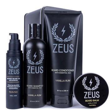 Zeus Everyday Beard Care Kit - Shampoo & Conditioner Wash, Refined Oil & Balm (Made In Usa) Sandalwood