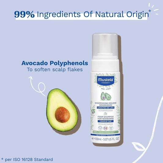 Mustela Cradle Cap Foam Shampoo For Newborn - Baby Shampoo With Naturally Derived Avocado Polyphenols - Tear-Free & Fragrance-Free - 5.07 Fl. Oz