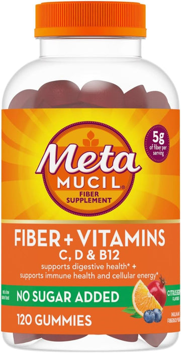 Metamucil Fiber Supplement Gummies Plus Vitamins C, D, & B12, No Sugar Added, 5g Prebiotic Plant-Based Fiber Blend for Digestive Health, Citrus Berry Flavored, 120 Gummies