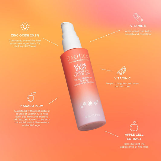 Glow Baby Super Lit SPF 30 Lotion, Broad Spectrum Sunscreen UVA/UVB Protection, Tinted Moisturizer, 100% Mineral SPF, No White Cast, Zinc Oxide, For All Skin Tones, Non Greasy, Vegan & Cruelty Free