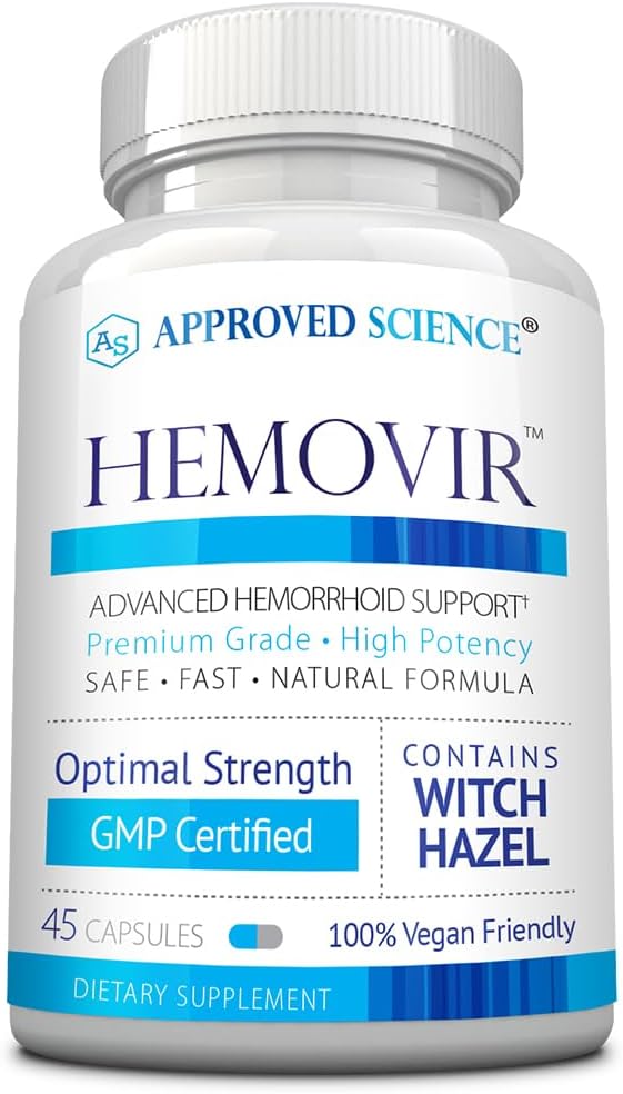 Approved Science Hemovir - Hemorrhoid Support Supplement - 45 Capsules - Stops Itching and Optimizes Blood Flow, Restores Damaged Skin Tissue - Vegan, Non GMO, Made in The USA