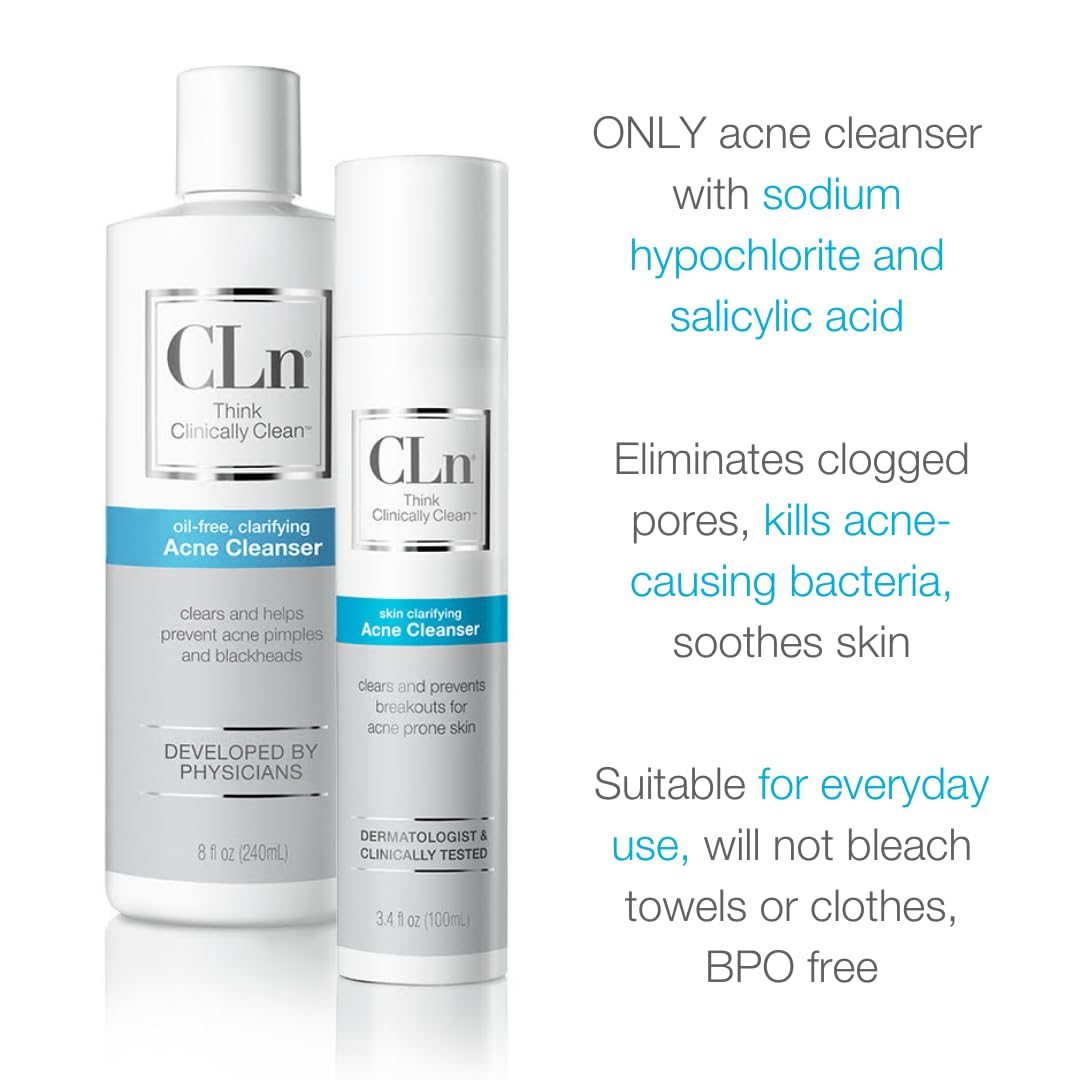 Cln® Acne Cleanser-The Only Cleanser With 0.5% Salicylic Acid Preserved With Sodium Hypochlorite For Clarifying Skin From Blackheads & Breakouts, Oil-Free & Fragrance-Free, 8 Fl Oz : Beauty & Personal Care