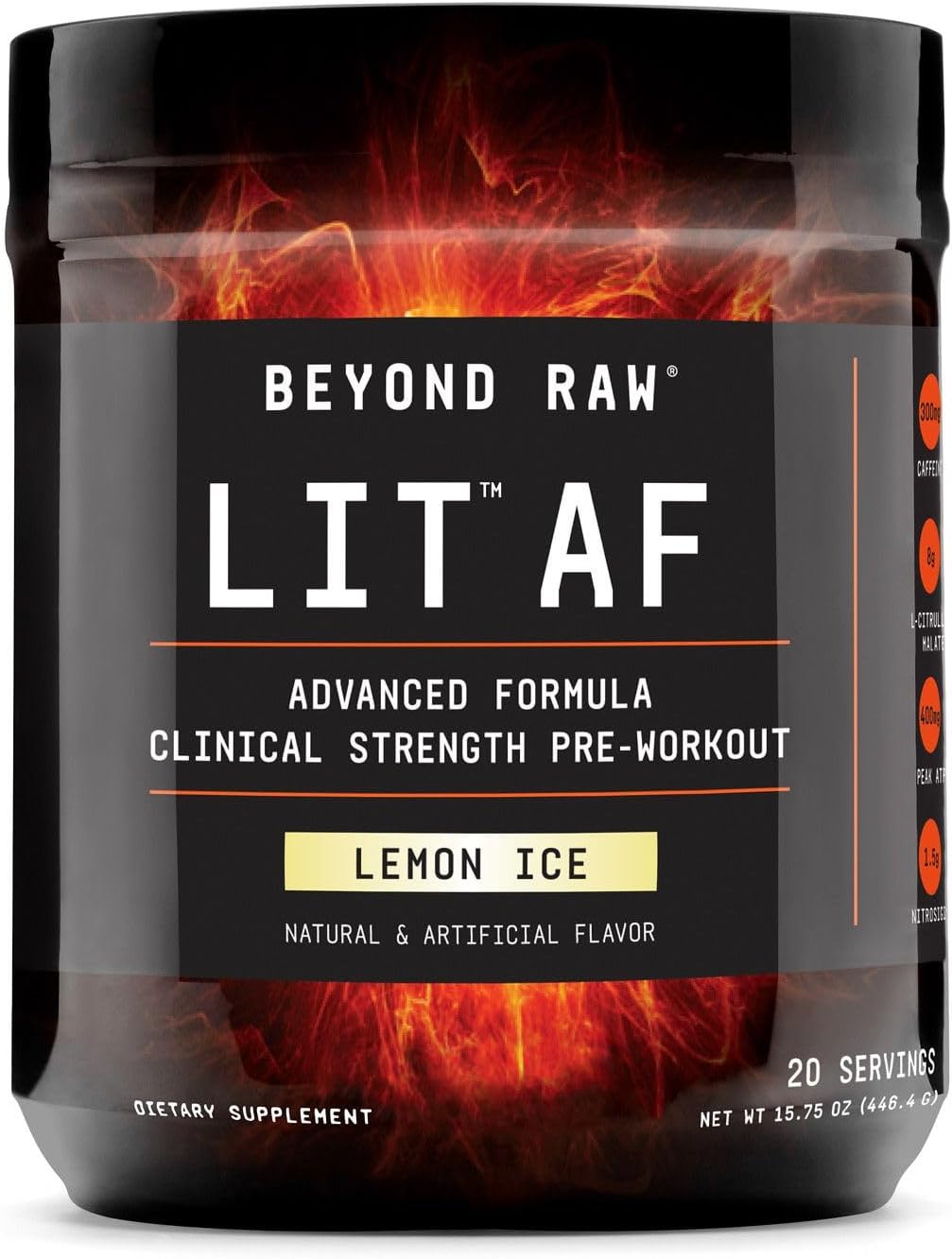 BEYOND RAW LIT AF | Advanced Formula Clinical Strength Pre-Workout Powder | Contains Caffeine, L-Citruline, and Nitrosigine | Lemon Ice | 20 Servings