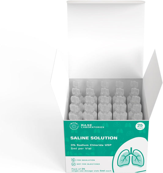 Base Laboratories 3% Saline Solution For Nebulizer Machine | Saline Solution For Inhalation & Nasal Irrigation | High 3% Concentration L 25 Vials 5Ml Unit Dose