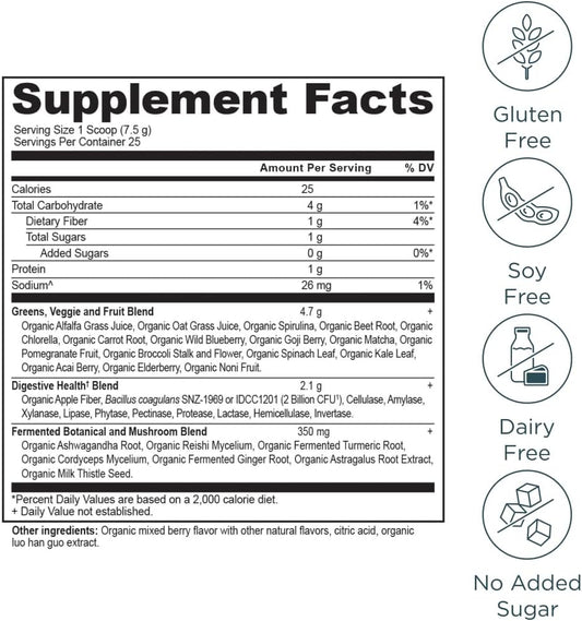 Ancient Nutrition Supergreens Powder With Probiotics, Organic Berry Flavor Greens, Made From Real Fruits, Vegetables And Herbs, Digestive And Energy Support, 25 Servings, 6.7Oz