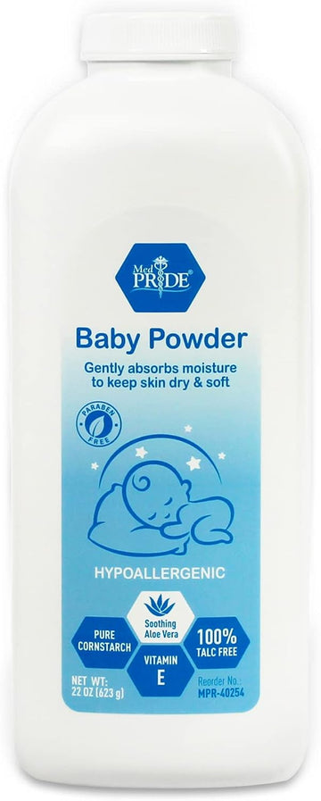Med Pride Babypower Baby Powder 22Oz 100% Talc-Free With Aloe Vera & Vitamin E, Hypoallergenic Cornstarch For Diaper Rash, Moisture Protection, Paraben-Free