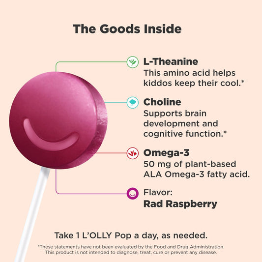 Olly Mellow Buddies L’Olly Pops, Omega-3 Ala, L-Theanine, Choline, Kids Supplement Lollipops, Supports A Calm Mood & Healthy Brain Function, Vegetarian, Raspberry, 25 Count