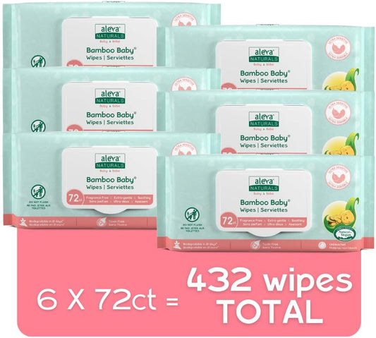 Aleva Naturals Bamboo Baby Sensitive Wipes | Unscented | Extra Strong And Ultra Soft | Natural And Organic Ingredients | Certified Vegan | 6 Packs Of 72Ct - Total Of 432Ct