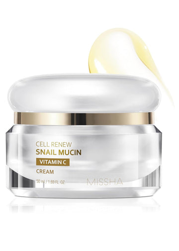 Missha Cell Renew Snail Mucin Vitamin C Cream 1.69 Fl Oz, Hydrating Snail Mucin, Korean Skin Care For Improved Skin Texture & Youthful Glow, Korean Moisturizer, Kbeauty, Paraben Free