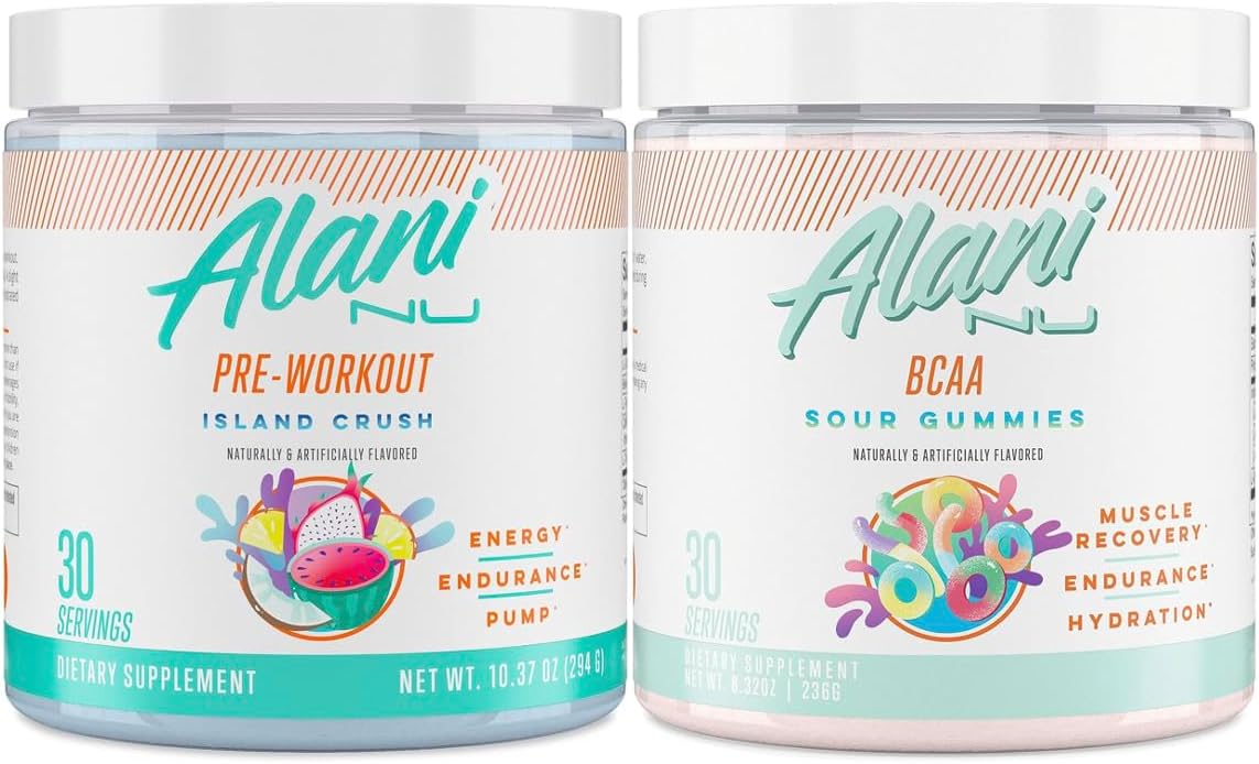 Alani Nu Island Crush Pre Workout and BCAA Sour Gummies Post Workout Powder Bundle | L-Theanine, Beta-Alanine, Citrulline | Branch Chain Essential Amino Acids | 30 Servings per Container