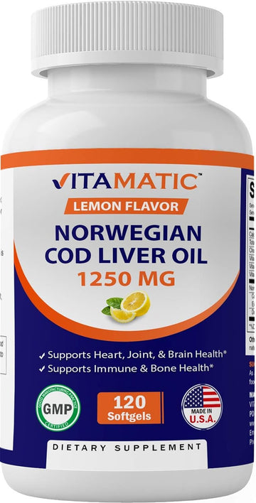 Vitamatic Norwegian Cod Liver Oil Capsules 1250mg 120 Softgels (Lemon Flavor) - Promotes Cardiovascular Health