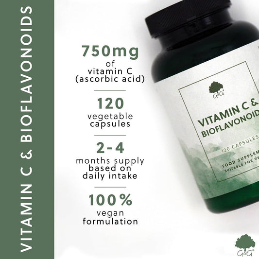 Vitamin C & Bioflavonoids Capsules | 750Mg Vitamin C Per Capsule | 120 Vegan Capsules | G&G Vitamins
