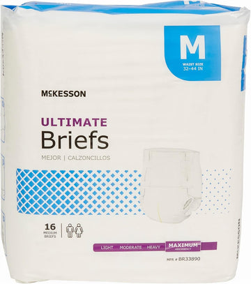 McKesson Ultimate Briefs, Incontinence, Adult Unisex, Maximum Absorbency, Medium, 16 Count, 1 Pack