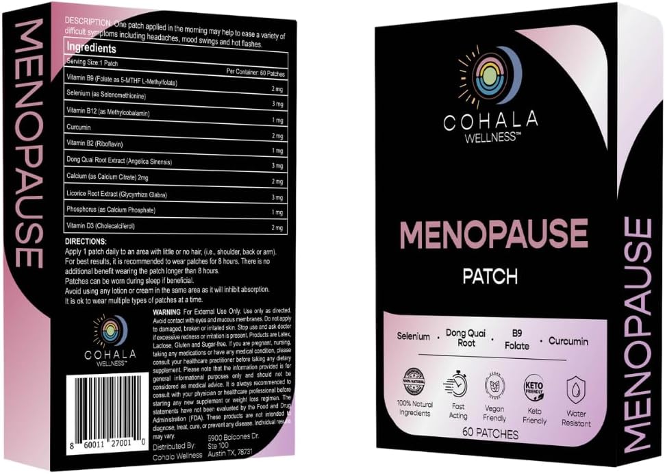 COHALA WELLNESS Menopause Relief Patch (60 Day Supply) - Dong Quai Root, Selenium, Curcumin, Folate - 60 Patches : Health & Household