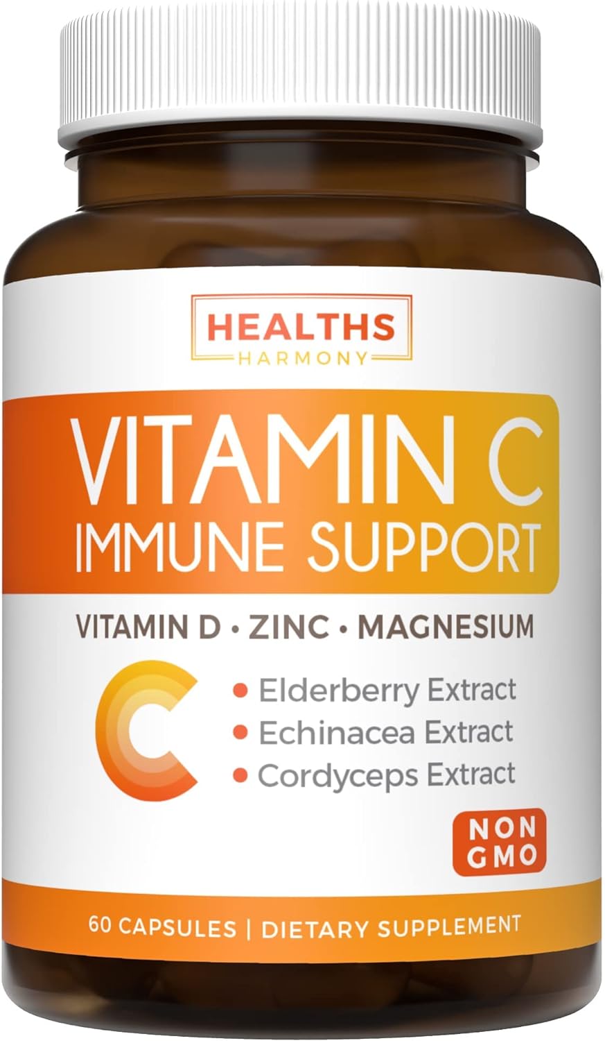 Immune Support Supplement (Non-GMO) Elderberry Vitamin C and Zinc, Vitamin D, Magnesium, Echinacea, Cordyceps - VIT C 500mg Immune System Booster - 60 Vegetarian Capsules (No Pills, Tablets, Gummies)