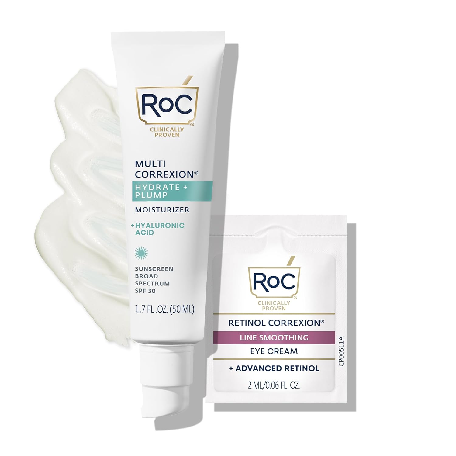 Roc Multi Correxion 1.5% Pure Hyaluronic Acid Anti Aging Daily Face Moisturizer With Broad Spectrum Sunscreen Spf 30 (1.7 Oz) With Retinol Eye Cream Packette (Packaging May Vary)