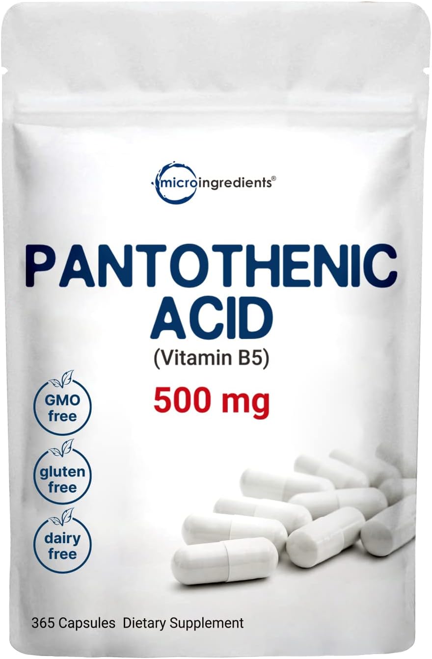 Micro Ingredients Pantothenic Acid Vitamin B5 Supplement, Vitamin B5 500mg Per Count, 365 Capsules (1 Year Supply), B-Complex Vitamin, Support Energy Production and Nervous System, Non-GMO