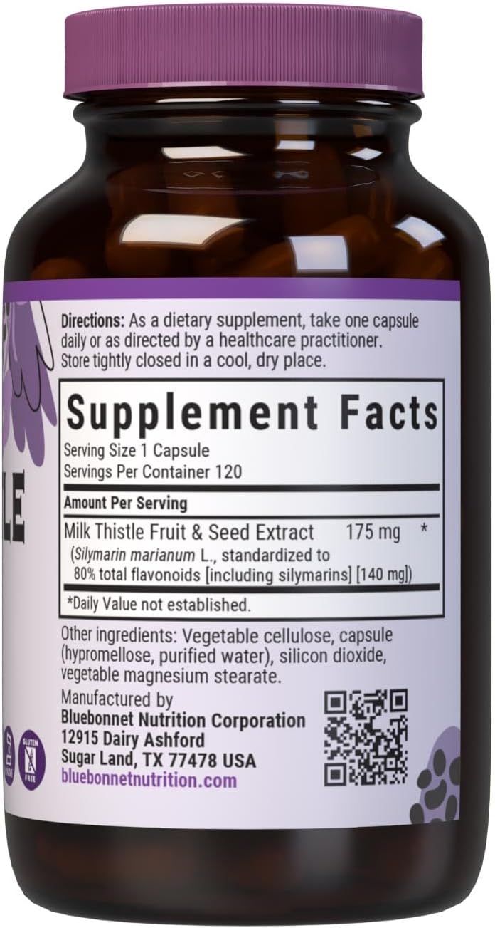 Bluebonnet Nutrition Milk Thistle Fruit & Seed Extract, Liver Health*, Non-Gmo, Vegan, Kosher Certified, Gluten-Free, Soy-Free, 120 Vegetable Capsules, 120 Servings : Health & Household