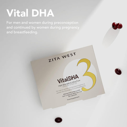 Zita West Vital DHA with Omega 3 | Prenatal Vitamin with DHA and EPA, Plus Zinc for Fertility, Pregnancy, and Breastfeeding | 60 Capsules (1 Month Supply)