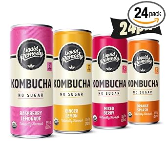 Liquid Remedy Kombucha Sugar Free Organic Drink, Low Calorie, Probiotic Like Tea For Gut Health - Fan Favorites Variety Pack - 8.5 Fl Oz Can, 24-Pack