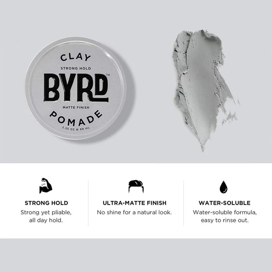 Byrd Hair Clay Pomade – Strong Hold, Ultra Matte Finish, Add Volume And Sculpt To All Hair Types, 3.35 Oz