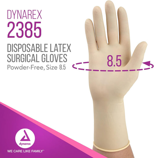 Dynarex Sterile Disposable Latex Surgical Gloves, Powder-Free, Sterilely Packaged In Pairs, Professional Medical And Healthcare Use, Veterinary Clinic, Bisque, Size 8.5, 1 Box Of 50 Pairs Of Gloves