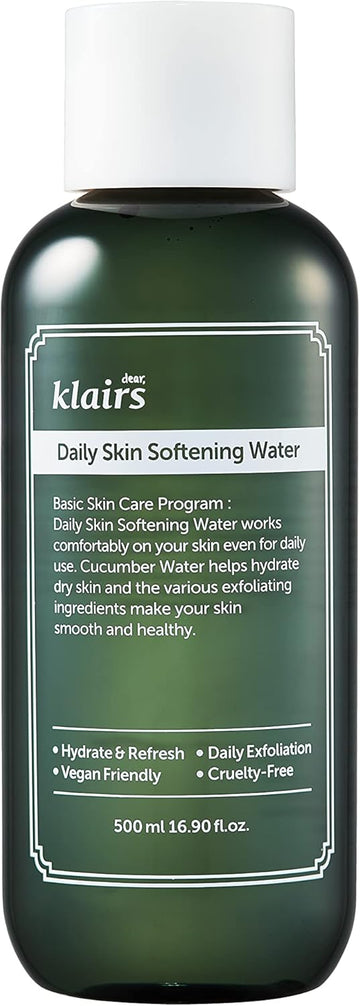 [Dearklairs] Daily Skin Softening Water, Toner, Jumbo 16.90 Fl Oz, Skin Refining Cucumber Essence, Daily Mild Exfoliator