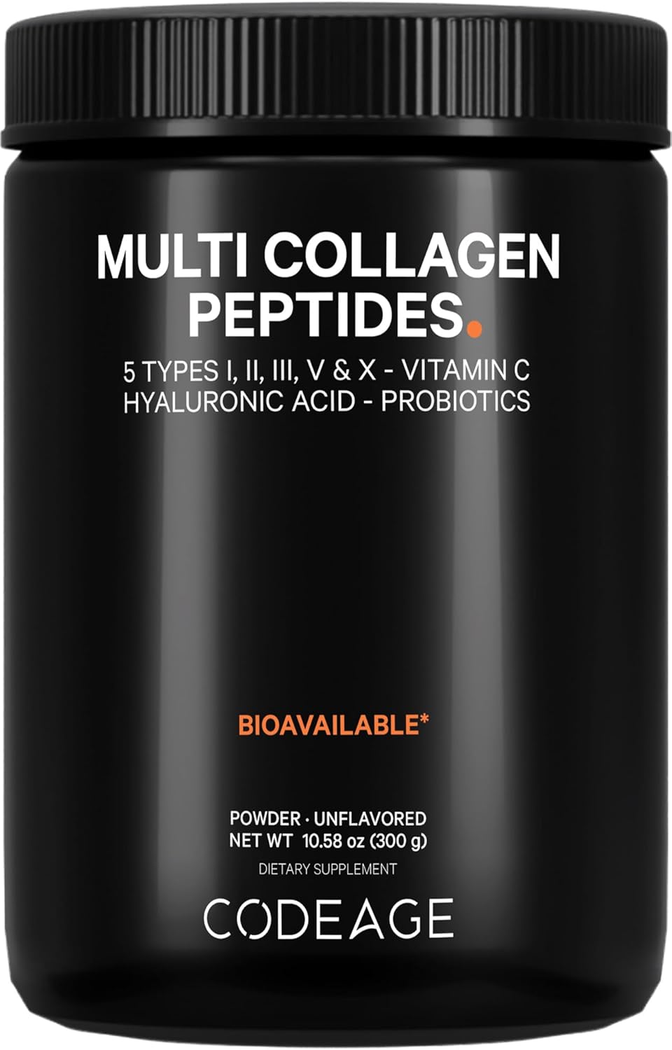 Codeage Multi Collagen Peptides + Probiotics Black Edition, Vitamin C, Hyaluronic Acid Powder Supplement, Grass-Fed, Pasture-Raised, Hydrolyzed, Zero Carbs, Type I, Ii, Iii, V & X, Unflavored, 10.58Oz