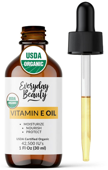 Organic Vitamin E Oil – Certified Organic Blend Of Vitamin E - Deeply Hydrating Care For Face, Skin, Hair, Scars – Antioxidant-Rich, Fragrance-Free, And Gentle On Skin - 1 Fl Oz Glass Dropper & Bottle