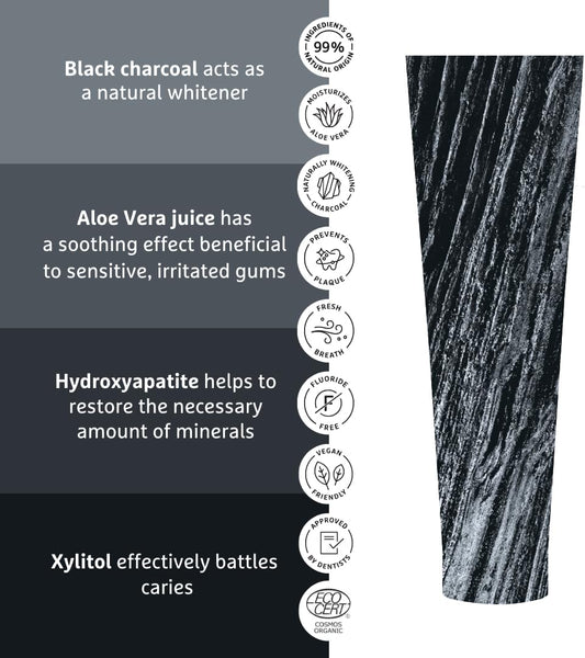 Ecodenta Charcoal Toothpaste, Teeth Whitening Tooth Paste I Naturally Whitens Teeth And Removes Plaque I Fluoride Free Black Natural Toothpaste With Aloe Vera, 75Ml