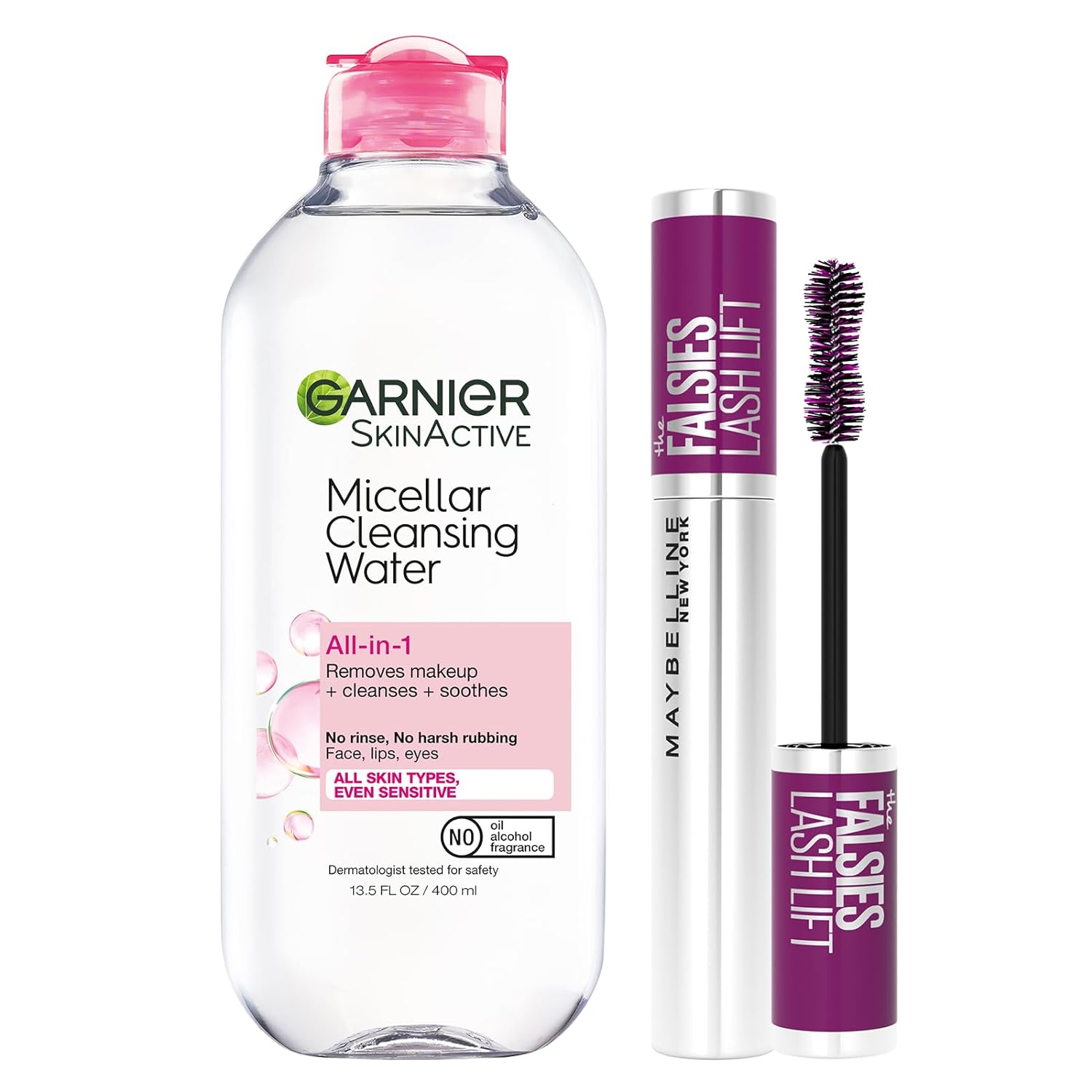 Maybelline The Falsies Lash Lift Washable Mascara + Garnier SkinActive Micellar Water Bundle, Includes 1 Mascara in Very Black and 1 Makeup Remover