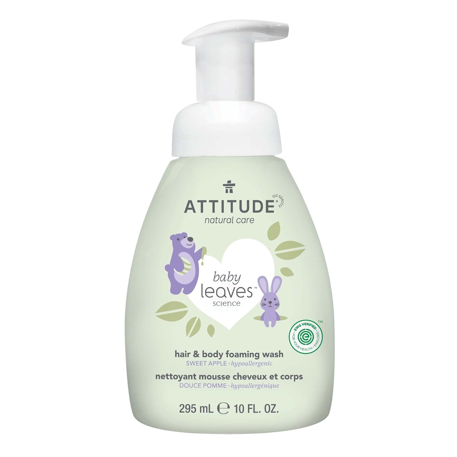 ATTITUDE 2-in-1 Hair and Body Foaming Baby Wash, EWG Verified Shampoo Soap, Dermatologically Tested, Made with Naturally Derived Ingredients, Vegan, Sweet Apple, 10 Fl Oz