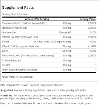 Swanson Vitamin B-100 - Vitamin Supplement Promoting Energy & Metabolism Support - High Potency Formula Supporting Heart Health, Brain Health & Nervous Function - (100 Capsules)