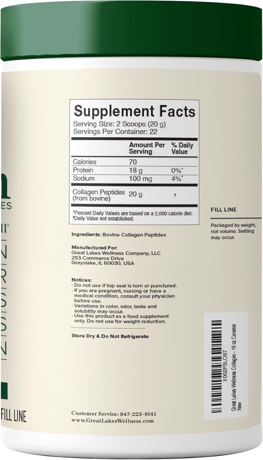 Great Lakes Wellness Collagen Peptides Powder For Skin, Hair, Nails, Joints & Digestion - Unflavored - Quick Dissolve Hydrolyzed, Non-Gmo, Keto, Kosher - 16Oz : Health & Household