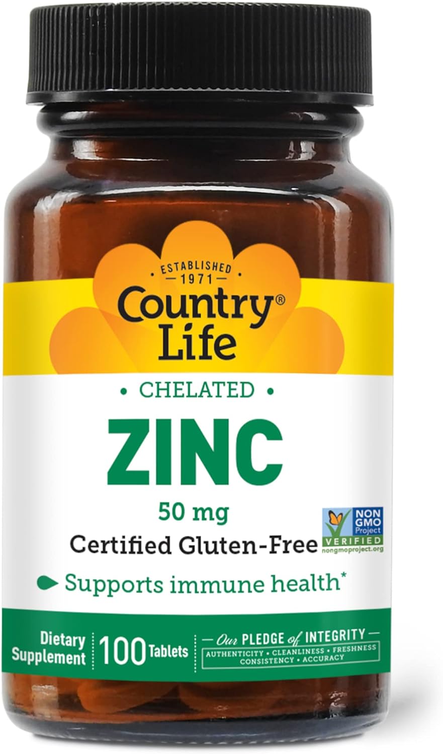 Country Life Zinc 50mg, Amino Acid Chelate, 100 Tablets, Certified Gluten Free, Certified Vegan, Non-GMO Verified